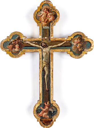 Scuola Romana del XVIII secolo Croce processionale in legno dipinto e dorato...