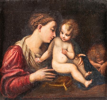 Scuola Genovese del XVII secolo Madonna con Bambino e San Giovannino Olio su...