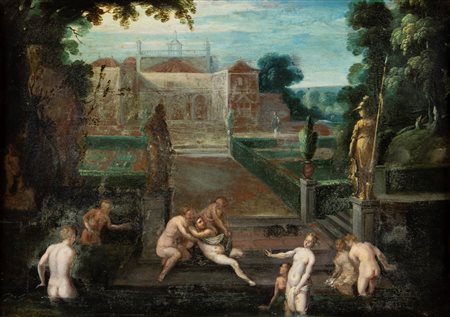Scuola francese del XVII secolo Ninfe al bagno Olio su rame cm 28x43 - con...