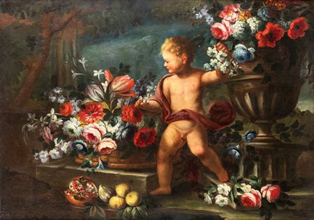 Scuola napoletana. XVII secolo Natura morta di fiori con putto Olio su tela...