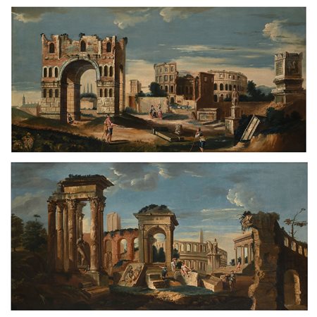 Scuola Romana del XVIII secolo Coppia di capricci architettonici Olio su tela...