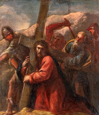 Scuola bolognese del XVII secolo Cristo porta croce Olio su rame cm 32x28 Di...