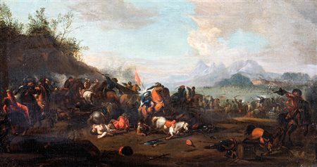 Scuola napoletana del XVIII secolo Scena di battaglia Olio su tela cm 46x86 -...
