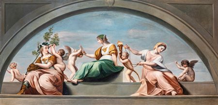 Scuola Romana inizi del XIX secolo La Virtù e la Legge Olio su tela cm 92x132...