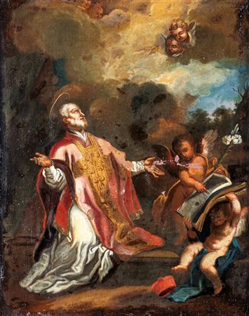 Scuola Emiliana del XVII secolo Sant' Ignazio in estasi Olio su tela cm 65x49...