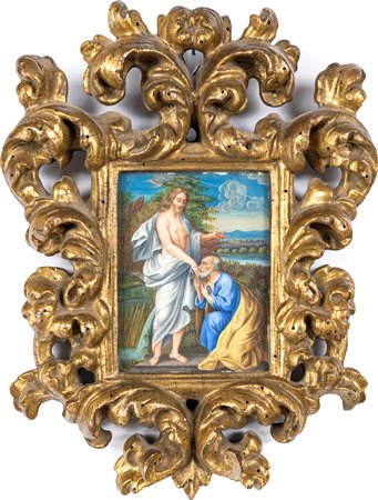 Scuola Romana inizi del XIX secolo Cristo e San Pietro Olio su cartone cm...