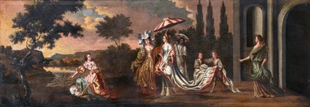 Scuola fiamminga del XVIII secolo Nascita di Mosè olio su tela cm 62x163 -...