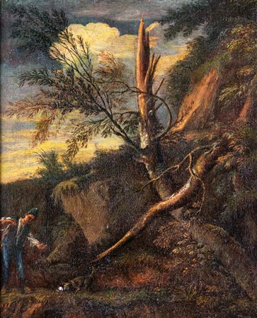 Pittore Bambocciante del XVII secolo Paesaggio olio su tela cm 49x42 - con...