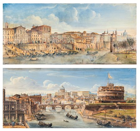 Scuola romana del XIX secolo Coppia di tempere su pergamena Veduta di Castel...