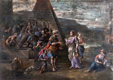 Scuola Fiamminga del XVII secolo Rebecca al pozzo olio su tela cm 95x130 -...