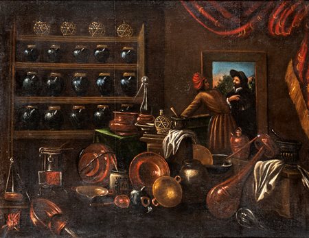 Scuola toscana del XVII secolo Interno di cucina olio su tela cm 86x113 - in...