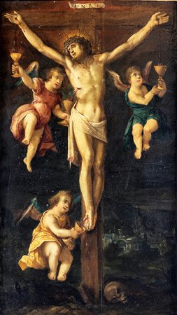 Scuola fiamminga del XVIII secolo Crocifissione olio su tavola cm 52x29 - con...