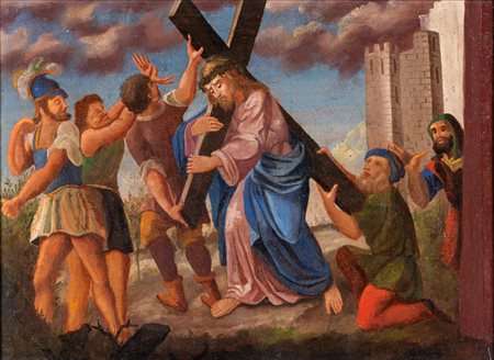 Scuola italiana del XVIII secolo Quinta Stazione Della Via Crucis olio su...