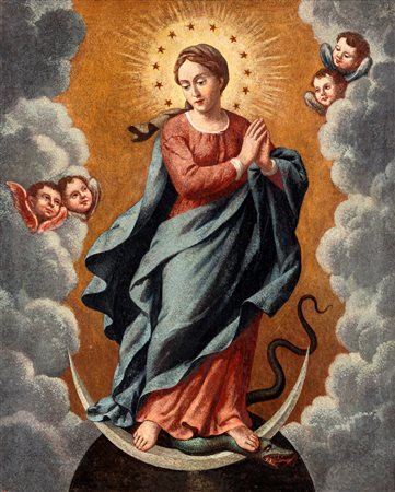 Scuola Romana del XVIII secolo L'Immacolata Concezione Olio Su Tela cm 71x58...