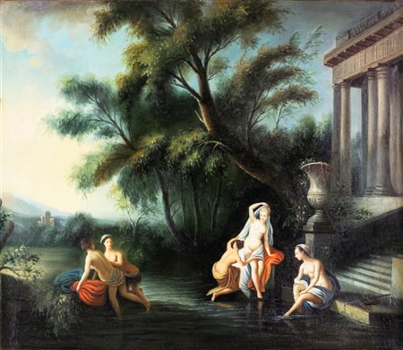 Scuola francese del XIX secolo Gruppo Di Fanciulle Al Bagno olio su tela cm...