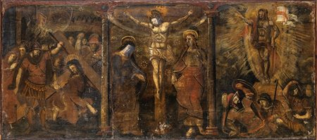 Scuola italiana del XVI secolo Crocefissione Olio su tela cm 87x196