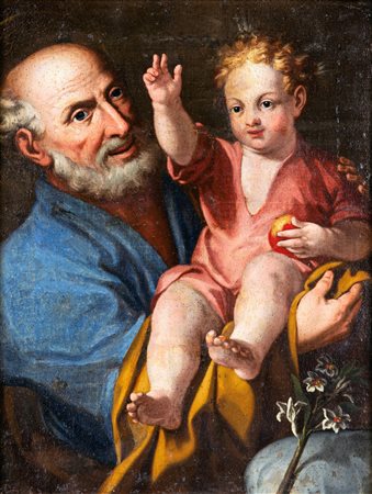 Scuola Italiana del XIX secolo San Giuseppe Con Bambino olio su tela cm...