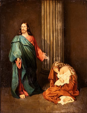 Scuola francese del XIX secolo Cristo e l'adultera olio su tela cm 87x68 -...