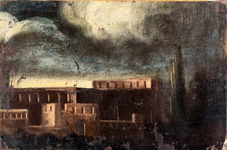 Scuola centro italiana Paesaggio con architetture olio su tela cm 42x63