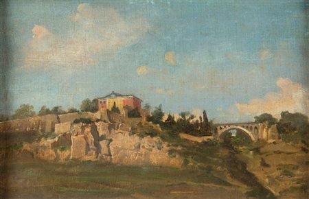 Scuola romana del XIX secolo Paesaggio romano Olio su cartone cm 22x34 - con...