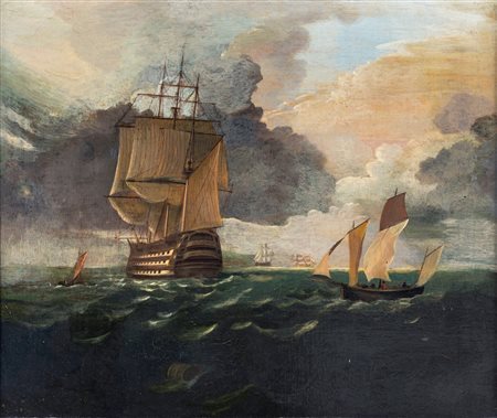 Scuola olandese del XIX secolo Mare con vascelli Olio su tela cm 63,5x77 - in...