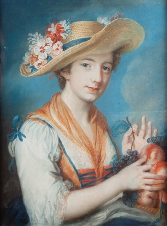 Scuola francese del XVIII secolo Ritratto di fanciulla con cappello pastello...