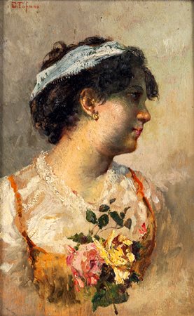 Edoardo Tofano (Napoli 1838-Roma 1920) Fanciulla con rose olio su tavola cm...