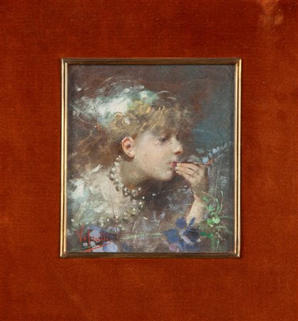 Vincenzo Irolli (Napoli 1860-Napoli 1942) Fanciulla con collana di perle olio...
