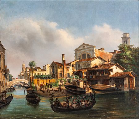 Luigi Querena (Venezia 1824-Venezia 1887) Lo squero di San Trovaso con...