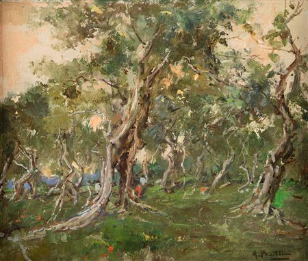 Attilio Pratella (Lugo 1856-Napoli 1949) Uliveto olio su tavola cm 23x27 - in...