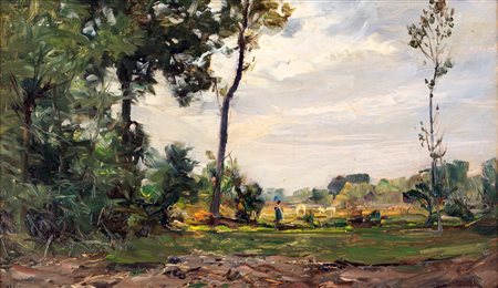 Carlo Follini (Domodossola 1848-Pegli 1938) Paesaggio olio su tavola cm 26x43...