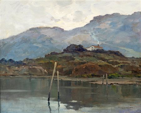 Leon Giuseppe Buono (Pozzuoli 1888-Pozzuoli 1976) Lago di Lucrino olio su...