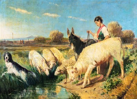 Antonio Milone (Napoli 1834-Napoli 1919) Pastorella con gregge e asinello...