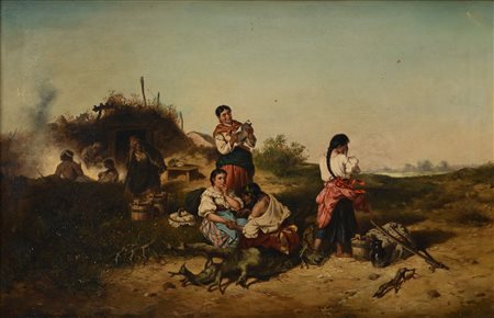 Pittore nordico del XIX secolo () Scena campestre con cornice decorata con...