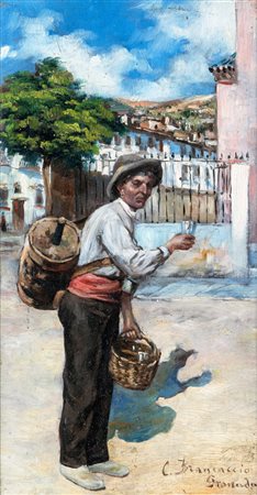 Carlo Brancaccio (Napoli 1861-Napoli 1920) Vinaio olio su tavola cm 37,5x20 -...