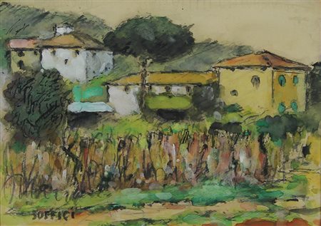 Soffici Ardengo Case a Poggio, anni '60 acquarello su carta filigranata...