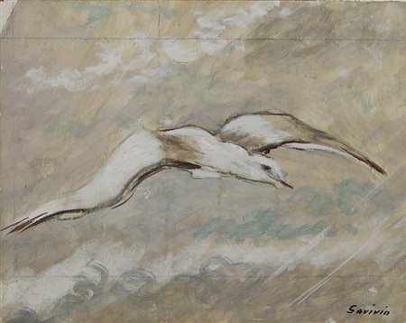 Savinio Alberto Il gabbiano, 1950 tecnica mista su tavola, cm. 33x41 firmata...