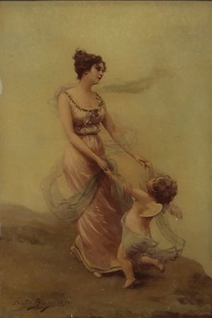 Bisson Edouard Figura femminile, 1894 olio su vetro, cm. 25x18 firmato e...