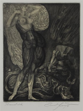 Fuchs Ernst Genie und Tier acquaforte su carta, cm. 38x29, es. prova d'autore...