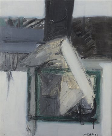 Vaglieri Tino Per un viaggiatore, 1962 olio su tela, cm. 60x50 firmato e...