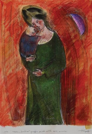 Longaretti Trento Madre e bambino, 2013 guazzo e pastello su litografia su...