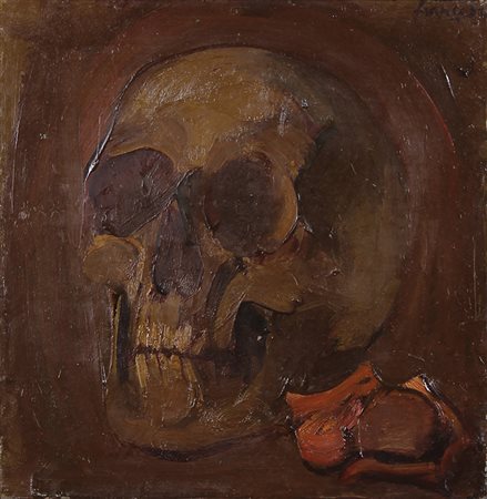 Francese Franco Teschio e orchidea secca, 1981 olio su tela, cm. 37x36...