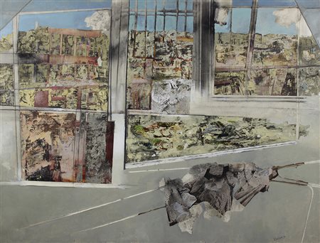 Banchieri Giuseppe Panno e finestra, 1974 olio e collage su tela, cm. 100x130...