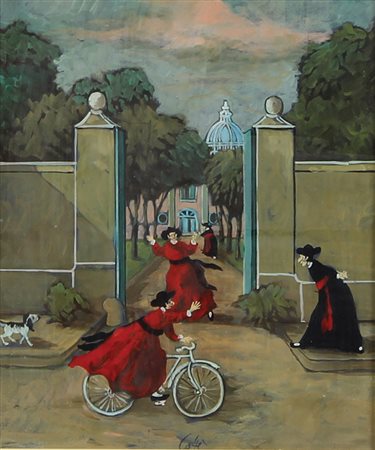 Caffè Nino In bicicletta, 1968 olio su tavola, cm. 23,4x20 firmato in basso...