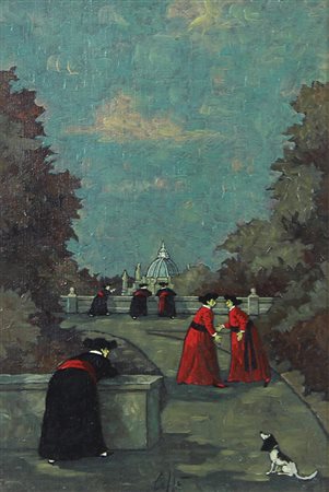 Caffè Nino Pretini e cagnolino, 1970 olio su tela, cm. 38x26 firmato in basso...