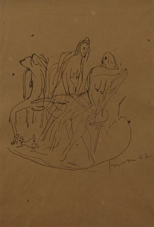 Fontana Lucio Conversazione, 1947 inchiostro su carta, cm. 30x22 firmato e...