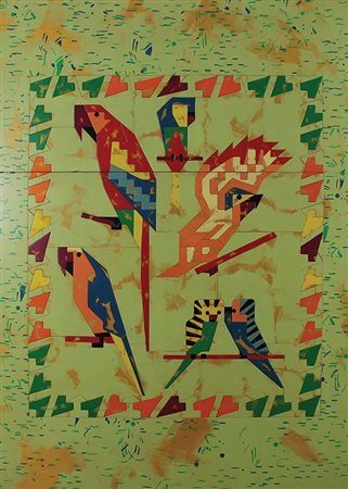 Nespolo Ugo Gli adulatori acrilici su legno intarsiato, cm 170x120 (2 tavole)...