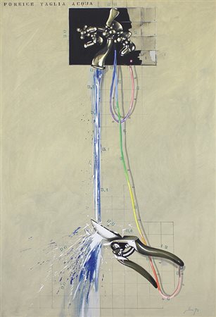 Plessi Fabrizio Forbice taglia acqua, 1973 acrilico su tela, cm. 116x81...