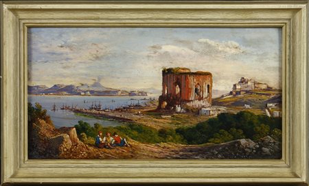 Consalvo Carelli (1818-1900) Veduta di Baia Olio su tavola cm 19x36 Firma in...
