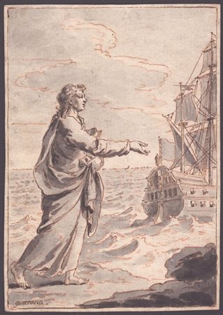 Pietro Antonio Novelli (Venezia 1729-Venezia 1804). Figura in paesaggio marino con barca